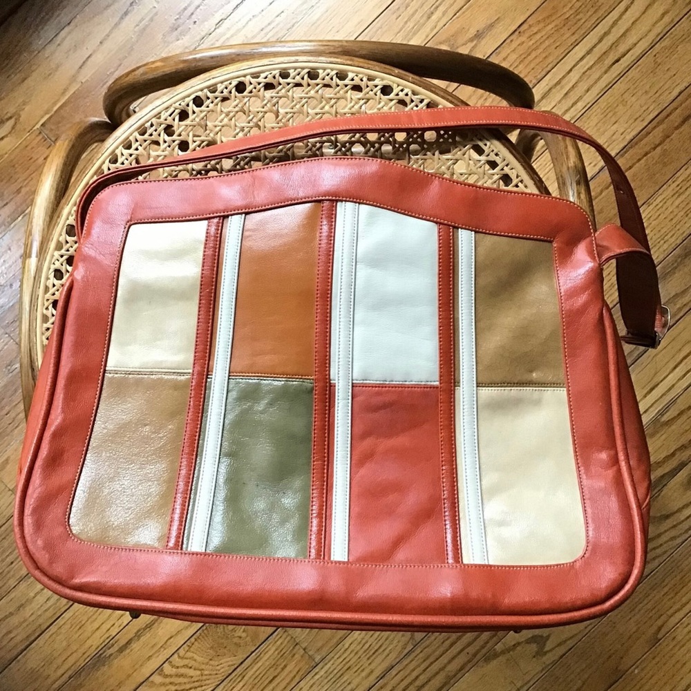 Vintage Vinyl 70’s Patchwork Handbag Purse Burnt Orange White Red Green Tan Bag